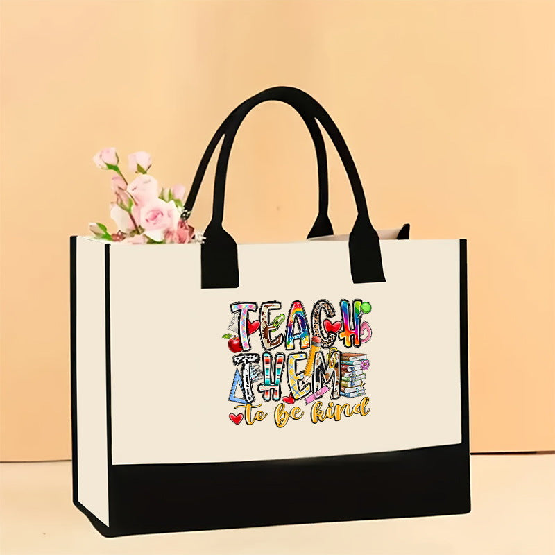 Canvas tote bag, large capacity printed tote bag women's, fashionable waterproof portable shopping bag